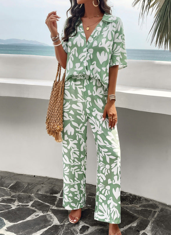 Elegant printed short-sleeved trousers two-piece suit