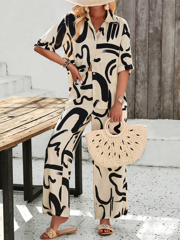 Casual fashion printed short-sleeved shirt and trousers suit